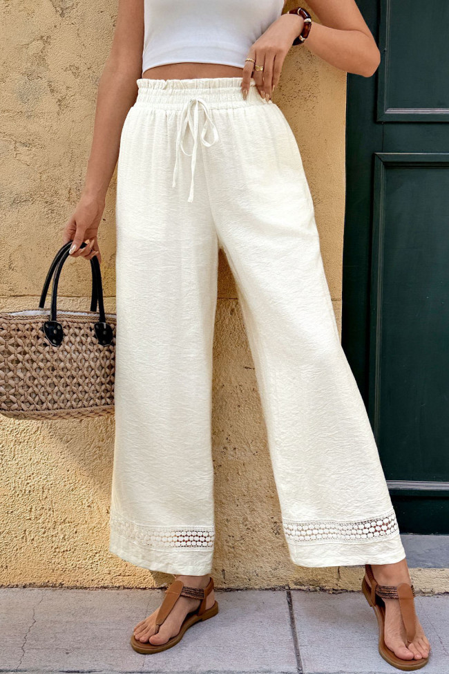 Lace Elastic Waist Solid Color Wide Leg Pants