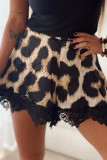 Retro Satin Leopard Print Lace Border Shorts