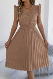 Lace V-neck Pleated Waist Ruffle Sleeve Dress