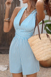 Striped Cross Backless Jumpsuit Shorts