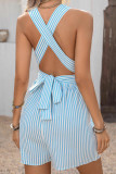 Striped Cross Backless Jumpsuit Shorts