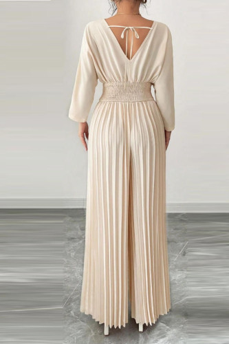 V-neck Solid Color Pleated Long Sleeved Jumpsuit