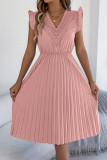 Lace V-neck Pleated Waist Ruffle Sleeve Dress