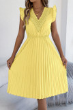 Lace V-neck Pleated Waist Ruffle Sleeve Dress