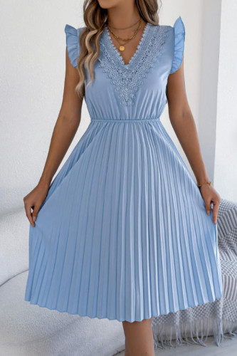 Lace V-neck Pleated Waist Ruffle Sleeve Dress