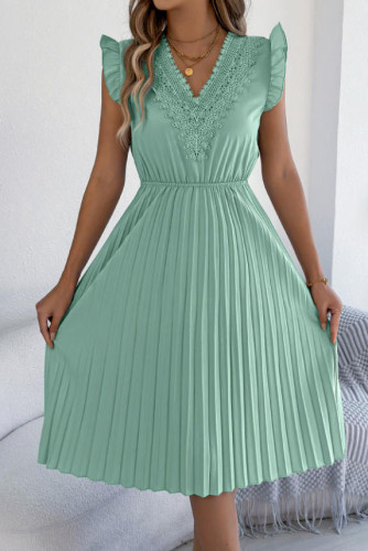 Lace V-neck Pleated Waist Ruffle Sleeve Dress