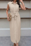 Solid Color Lapel Waist Cinched Short Sleeved Dress