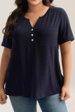 Solid Color V-neck Button Short Sleeved T-shirt
