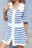 Lapel Striped Printed Short Sleeved Dress