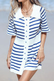 Lapel Striped Printed Short Sleeved Dress