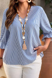 V-neck Striped Ruffled Long Sleeved Shirt