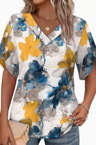 V-neck Short Sleeved Solid Color T-shirt