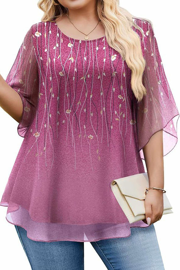 Large Size Floral Print Round Neck Chiffon Shirt