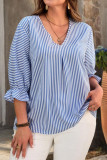 V-neck Striped Ruffled Long Sleeved Shirt