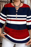 Large Size Striped V-neck Short Sleeved T-shirt