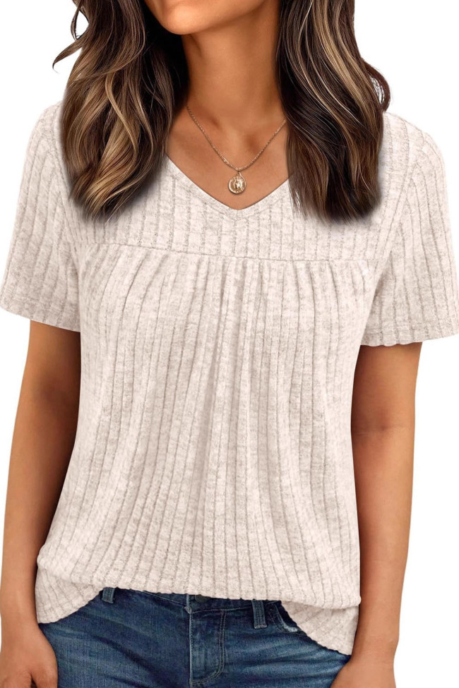 Casual Pleated Short Sleeved V-neck T-shirt