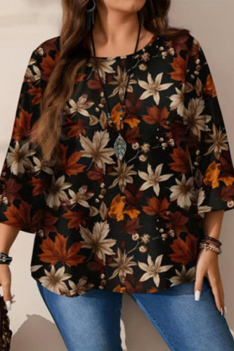 Round Neck Maple Leaf Printed Long Sleeved T-shirt