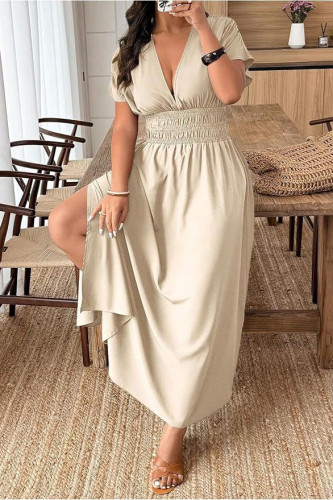 V-neck Short Sleeved High Waisted Pleated Dress