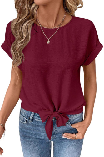 Bow Hem Short Sleeved Shirt Round Neck T-shirt