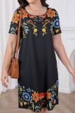 Large Size U-neck Printed Short Sleeved Dress