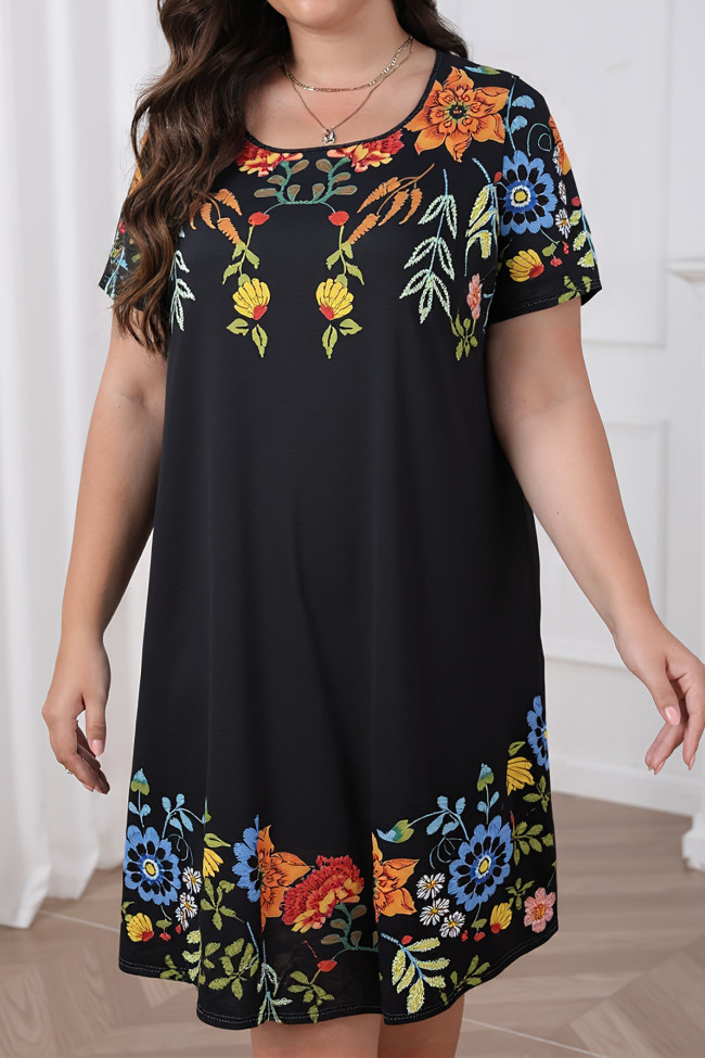 Large Size U-neck Printed Short Sleeved Dress
