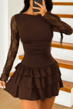 Slim Fit Waist Cinching Lace Long Sleeved Dress