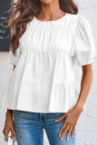 Solid Color Round Neck Bubble Short Sleeve Shirt