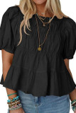 Solid Color Round Neck Bubble Short Sleeve Shirt