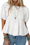 Solid Color Round Neck Bubble Short Sleeve Shirt