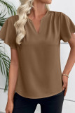 V-neck Pleated Solid Color Short Sleeved Shirt