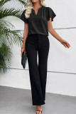 V-neck Pleated Solid Color Short Sleeved Shirt