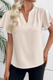 V-neck Pleated Solid Color Short Sleeved Shirt