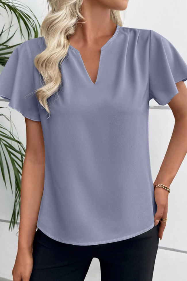 V-neck Pleated Solid Color Short Sleeved Shirt
