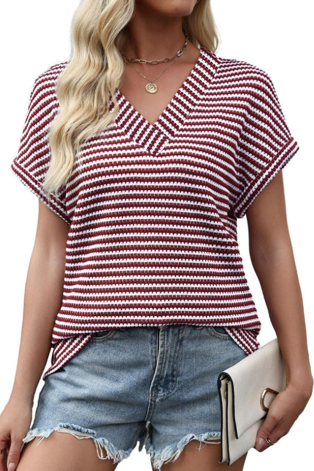 V-neck Pineapple Grid Short Sleeved T-shirt