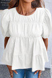 Solid Color Round Neck Bubble Short Sleeve Shirt