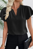 V-neck Pleated Solid Color Short Sleeved Shirt