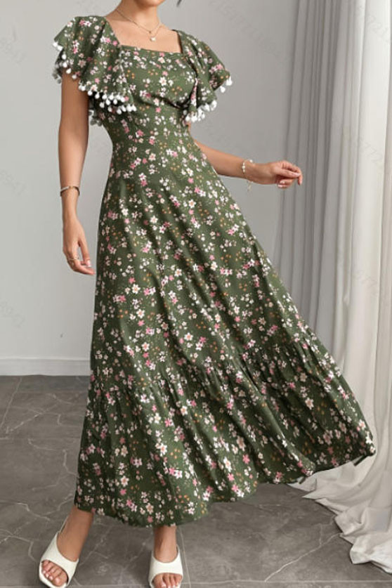 Square Neck Floral Print Waist Cinching Dress