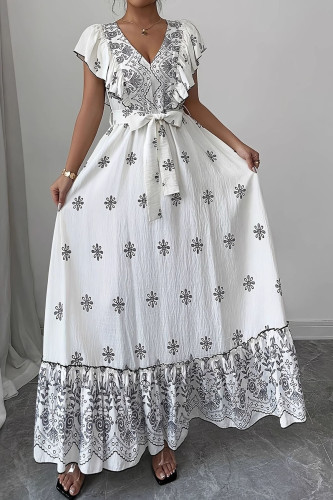 Bohemian Style V-neck Ruffled Waist Cinched Dress