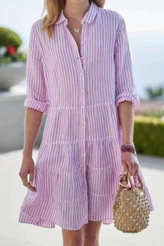 Lapel Striped Shirt Long Sleeved Dress
