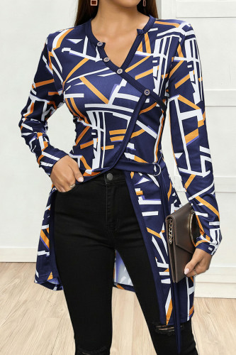 Geometric Pattern V-neck Long Sleeved T-shirt