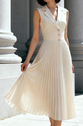 Solid Color Sleeveless Suit Collar Pleated Dress