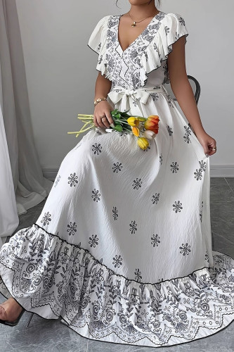Bohemian Style V-neck Ruffled Waist Cinched Dress