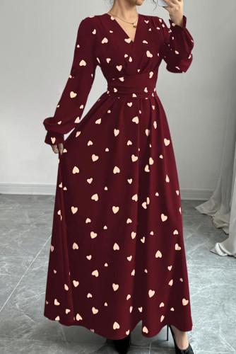 Love Print V-neck Long Sleeved Waist Cinched Dress