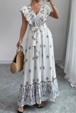 Bohemian Style V-neck Ruffled Waist Cinched Dress
