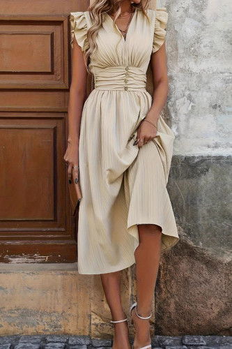 Lotus Leaf Edge Short Sleeved Waist Cinching Dress
