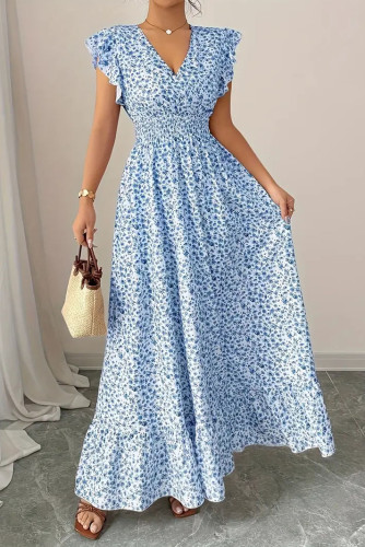 Floral Ruffled V-neck Short Sleeved Dress