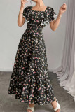 Square Neck Floral Print Waist Cinching Dress