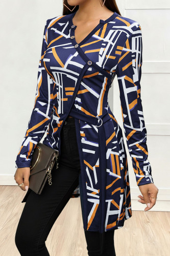 Geometric Pattern V-neck Long Sleeved T-shirt