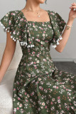 Square Neck Floral Print Waist Cinching Dress