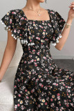 Square Neck Floral Print Waist Cinching Dress